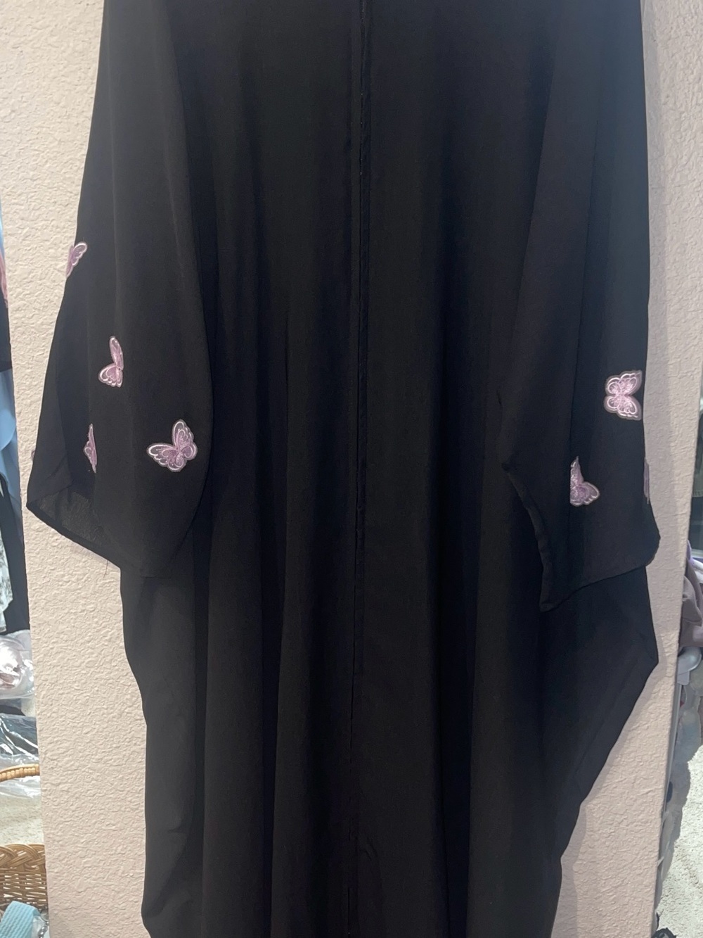 Black Women's Long Open Front abaya with Pink Butterfly